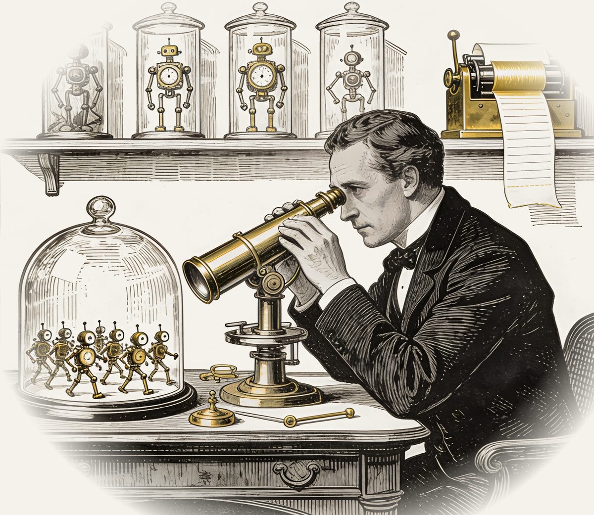 A Victorian engraving: a scientist peers through a brass instrument at a swarm of tiny clockwork robots under a glass bell jar, while specimen jars of robots line the shelf and a ticker machine prints out gold tape.